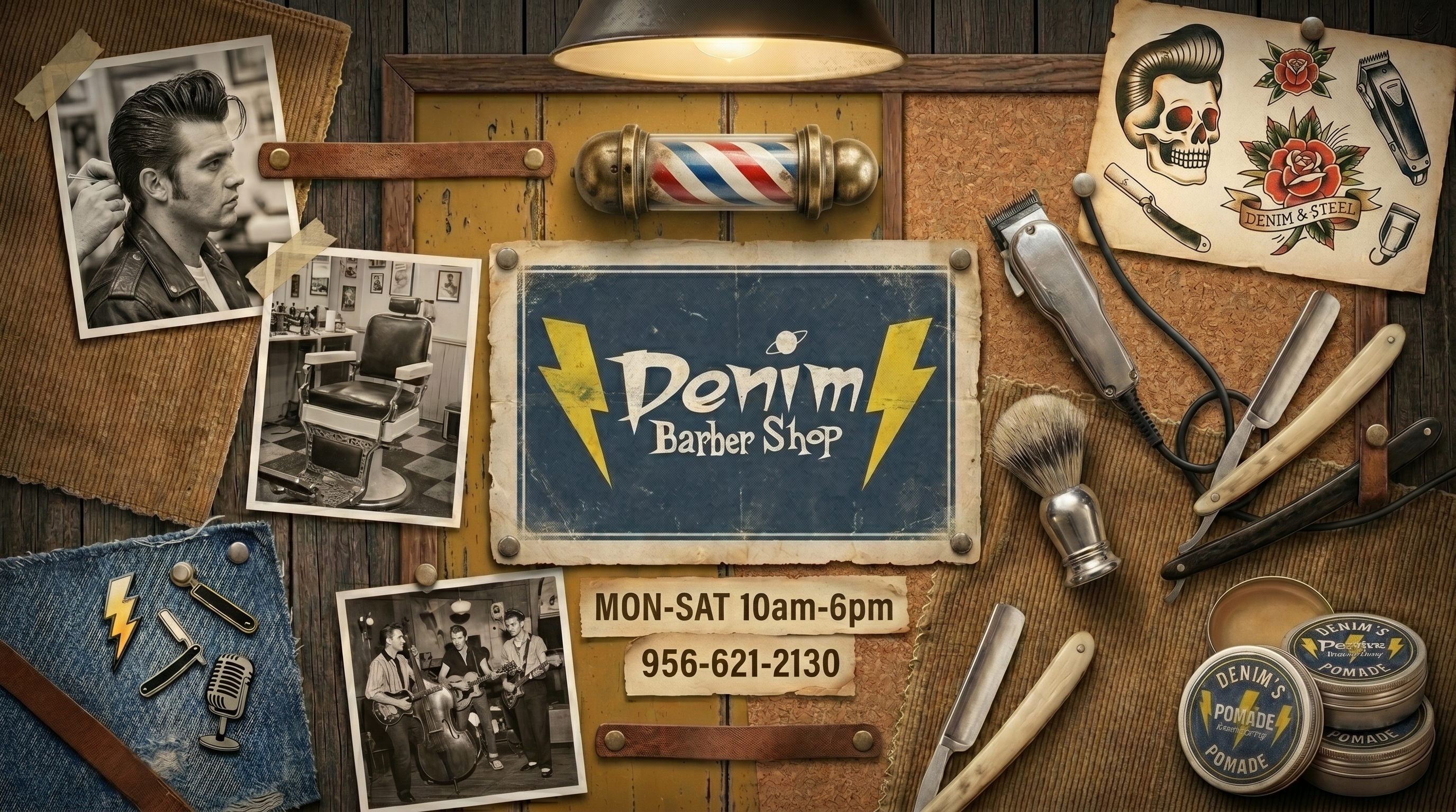 Vintage Denim Barber Shop mood board with a central Denim Barber Shop sign