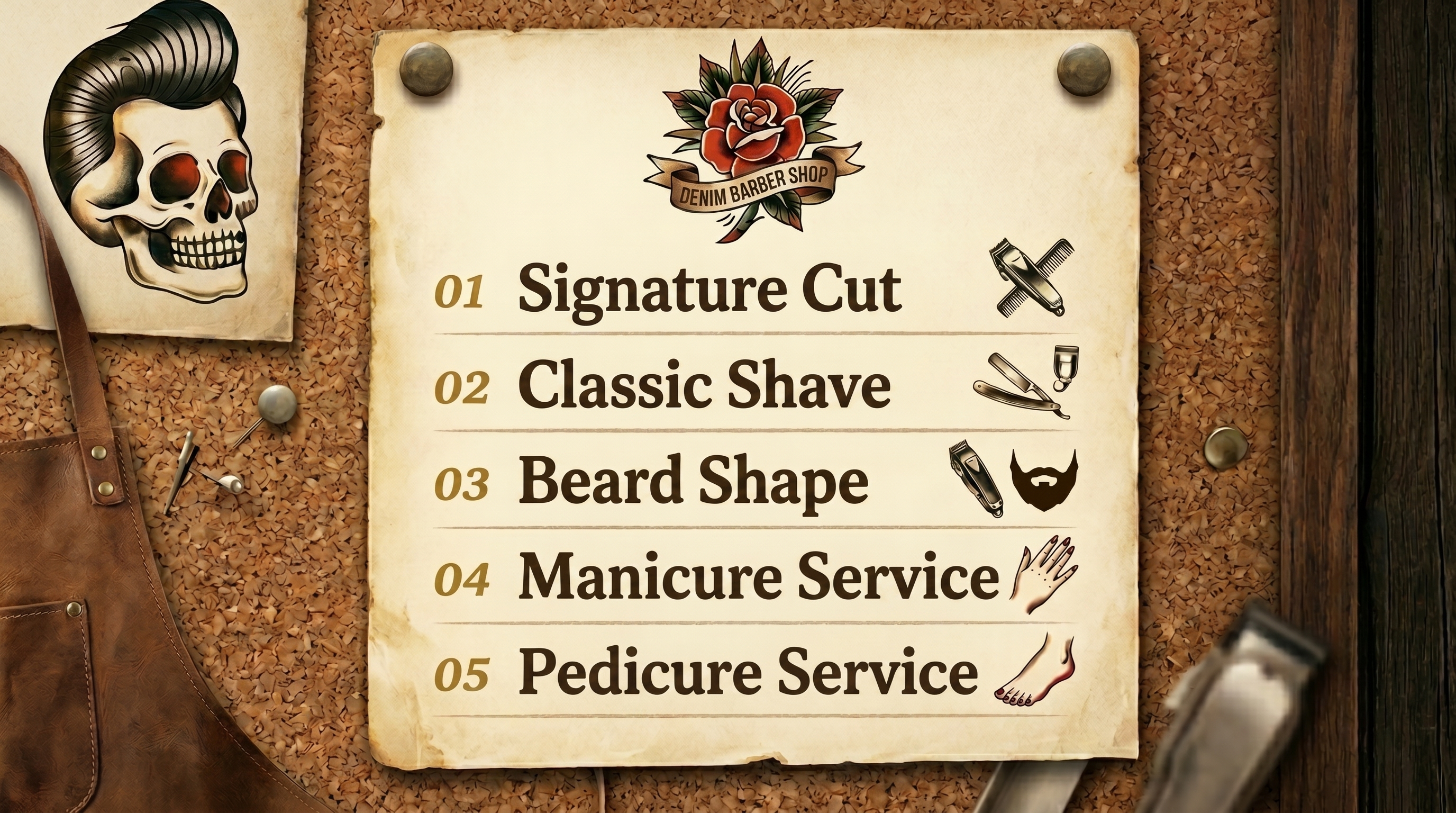 Denim Barber Shop services list: Signature Cut, Classic Shave, Beard Shape, Manicure Service, Pedicure Service